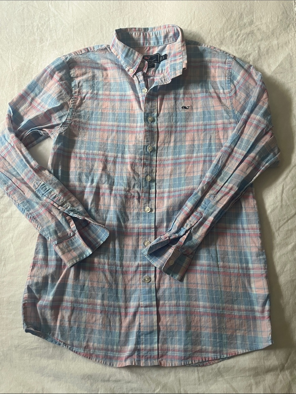 Vineyard Vines Whale Shirt in Pastel Plaid Cotton Button Down, Size Large (16)